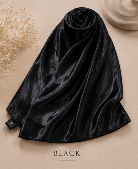 Black Bubble satin Islamic Hijab scarf on a beige background with 'BLACK' text