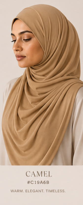 Woman wearing a camel Luxe Jersey hijab with color code C19A6B on a light background