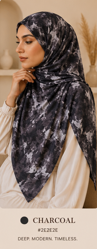 Woman wearing a charcoal floral digital printed hijab with a neutral background