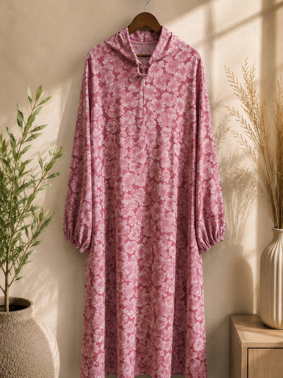 Premium Black and white patterned Islamic prayer and namaz dress on a hanger against a neutral wall with a plant and vase in the background.