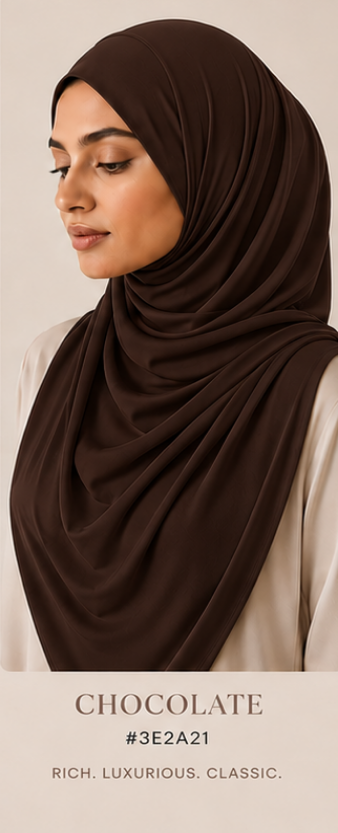 Woman wearing a chocolate luxe jersey hijab with color code #3E2A21 on a beige background