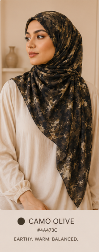 Woman wearing a camo olive hijab with a neutral background