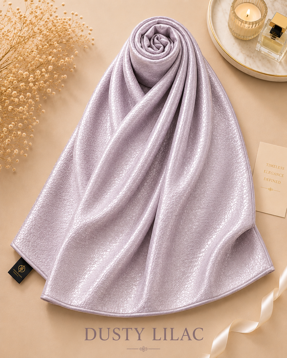 Dusty lilac Bubble Satin Islamic Hijab Scarf on a beige surface with decorative elements