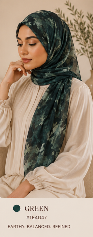 Woman wearing a green patterned printed hijab with a neutral background