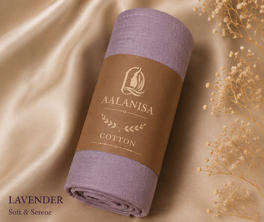 Rolled-up premium lavender cotton hijab with A alanisa branding on a beige fabric background