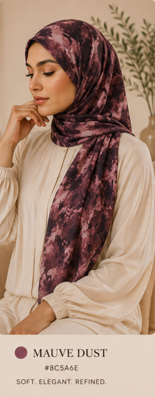 Woman wearing a mauve dust digital Printed hijab with a neutral background