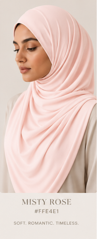 Woman wearing a Misty Rose Colored Luxe Jersey Hijab with text describing color and mood.