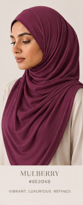 Woman wearing a mulberry Luxe Jersey hijab with color code #8E204B on a light background