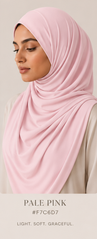 Woman wearing a Light Pale Pink Luxe Jersey Hijab with color swatch and description text.