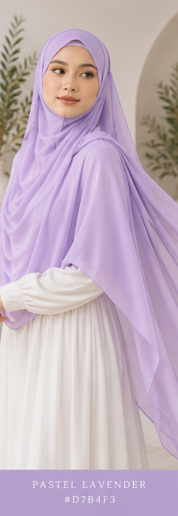 Woman wearing a pastel lavender Premium Malaysian Georgette hijab with a white background