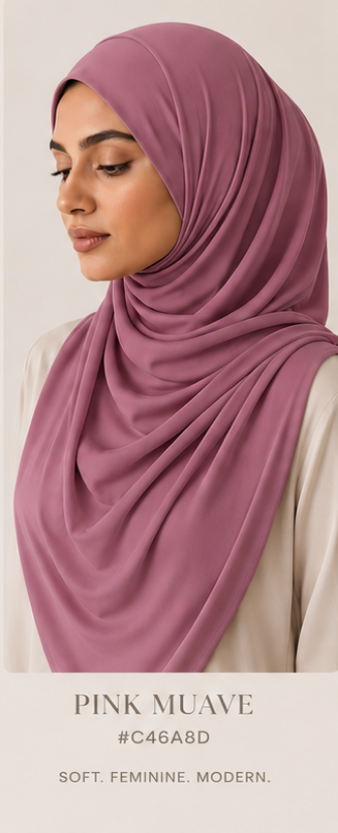 Woman wearing a pink mauve Luxe Jersey hijab with color code and description text.