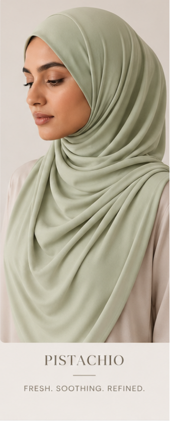 Woman wearing a pistachio green hijab with product description text below.