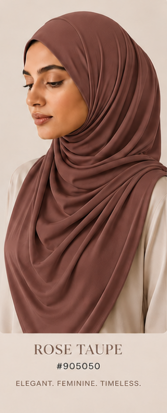 Woman wearing a rose taupe luxe jersey hijab with product details on a beige background
