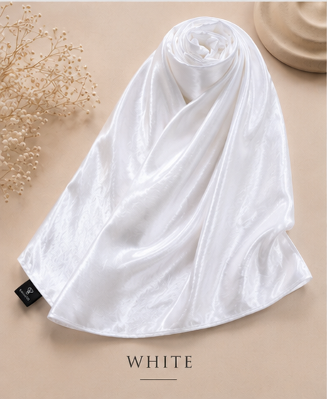 White Bubble Satin Islamic Hijab scarf on a beige background with 'WHITE' text