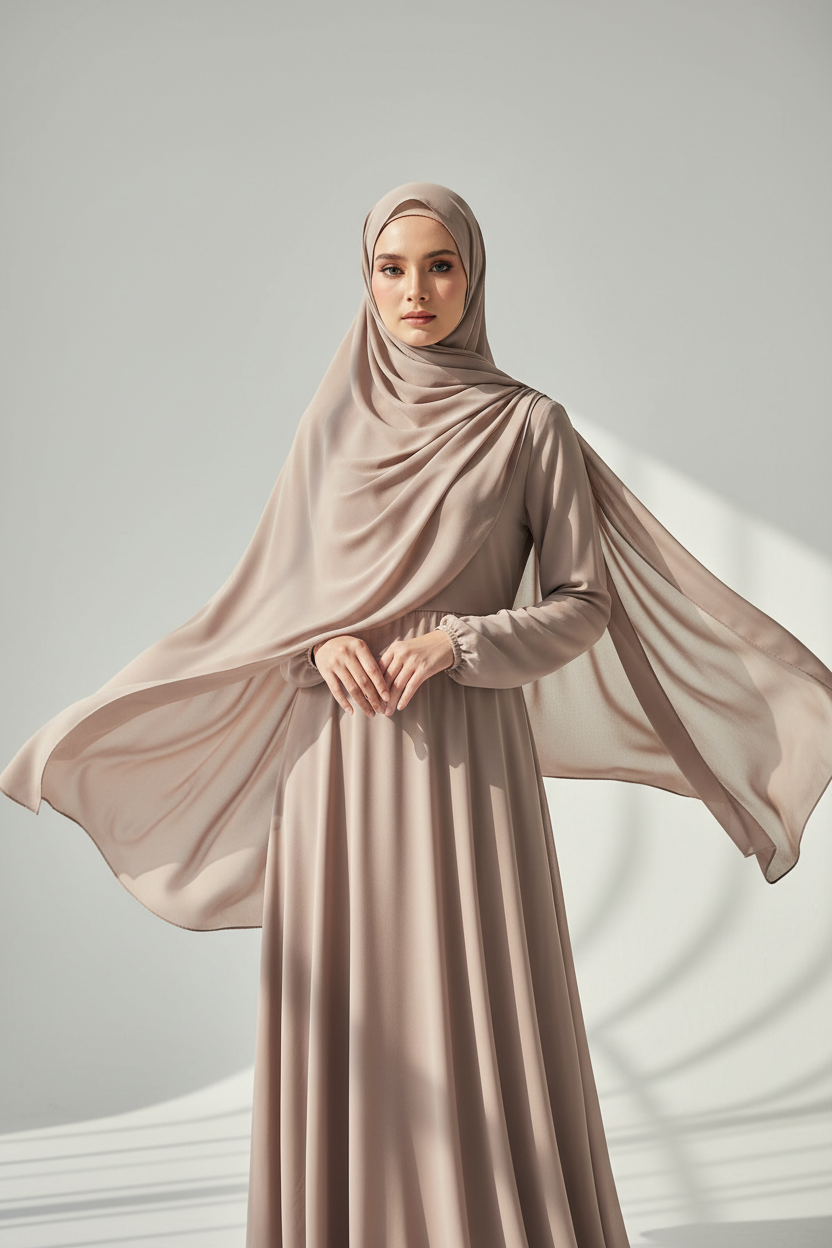 Woman wearing a beige hijab and dress against a plain background