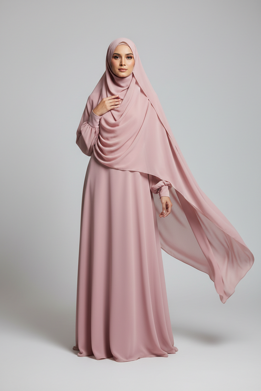 Woman wearing a pink hijab and dress on a white background