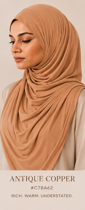 Woman wearing an antique copper luxe jersey hijab with color swatch and description text.
