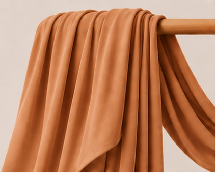 Apricot bamboo jersey hijab on a wooden rod with product features listed.