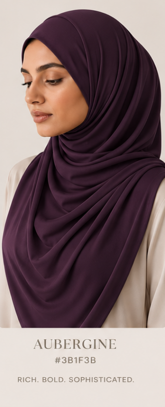 Woman wearing an aubergine Luxe Jersey hijab with text describing the color and mood.