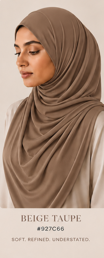 Woman wearing a Beige Taupe Luxe Jersey Hijab with text indicating color code and description.