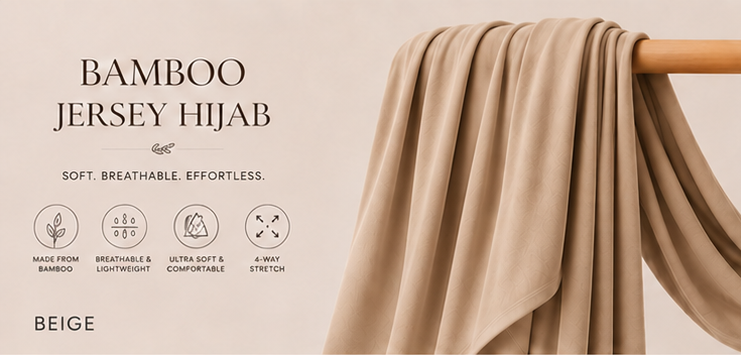 Beige bamboo jersey hijab on a wooden rod with product features listed.