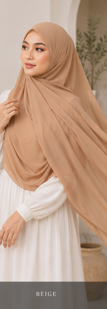 Woman wearing a beige premium Malaysian georgette hijab with a neutral background