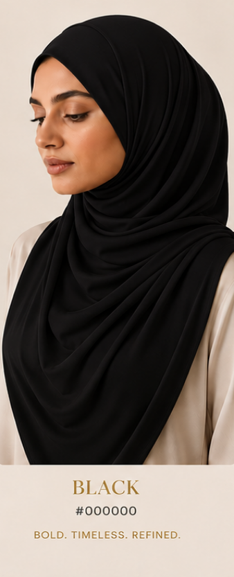 Woman wearing a Black Luxe Jersey Hijab with text describing the color and its attributes.
