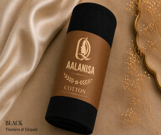 Roll of  Aalanisa Black Premium Modal Cotton Hijab Fabric on a beige fabric background with decorative elements.
