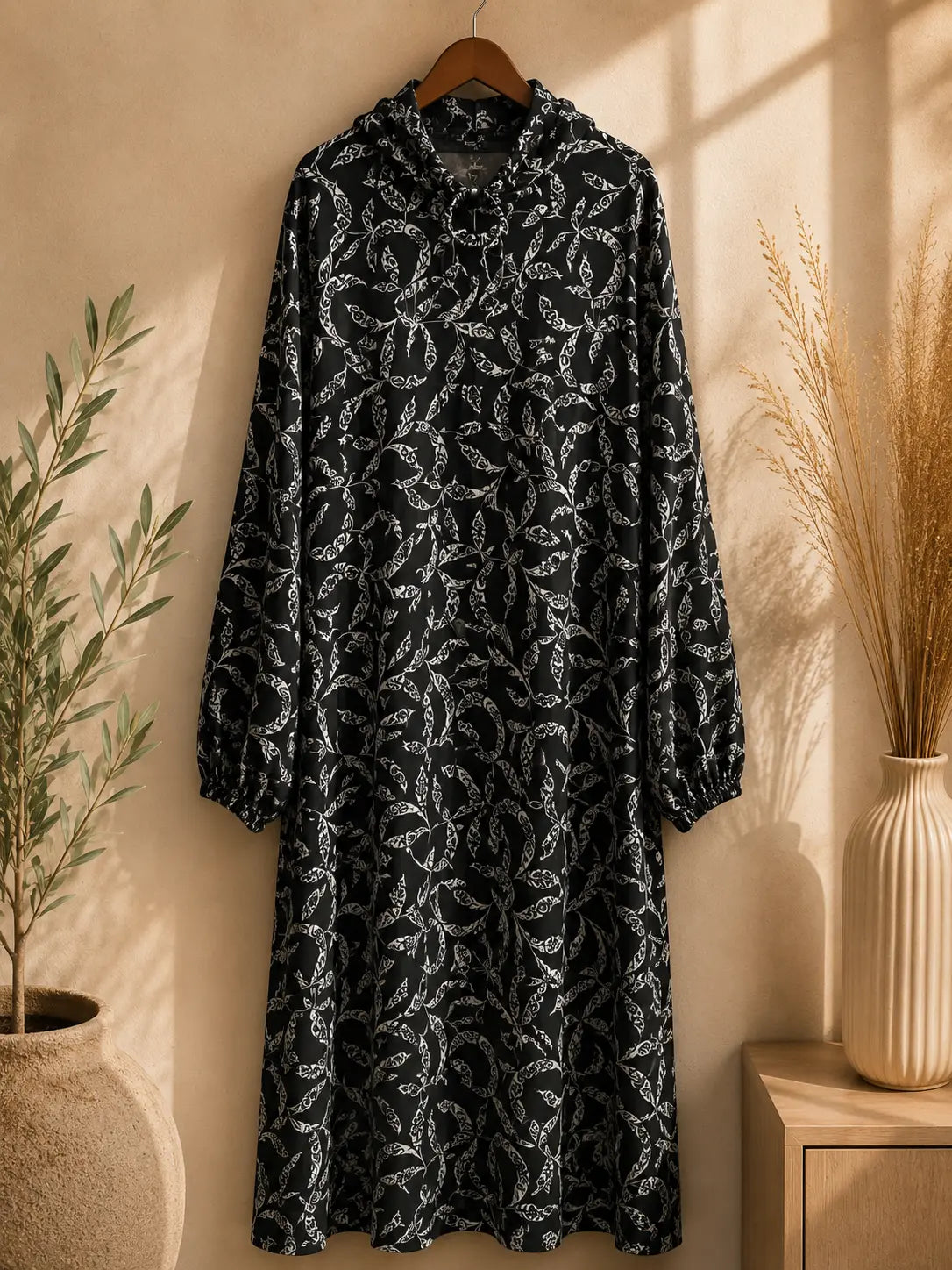 Dark floral Islamic prayer namaz dress for women in black color