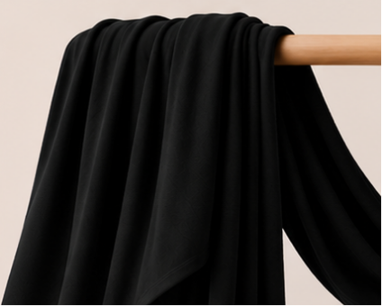 Black bamboo jersey hijab on a wooden rod with product features listed.