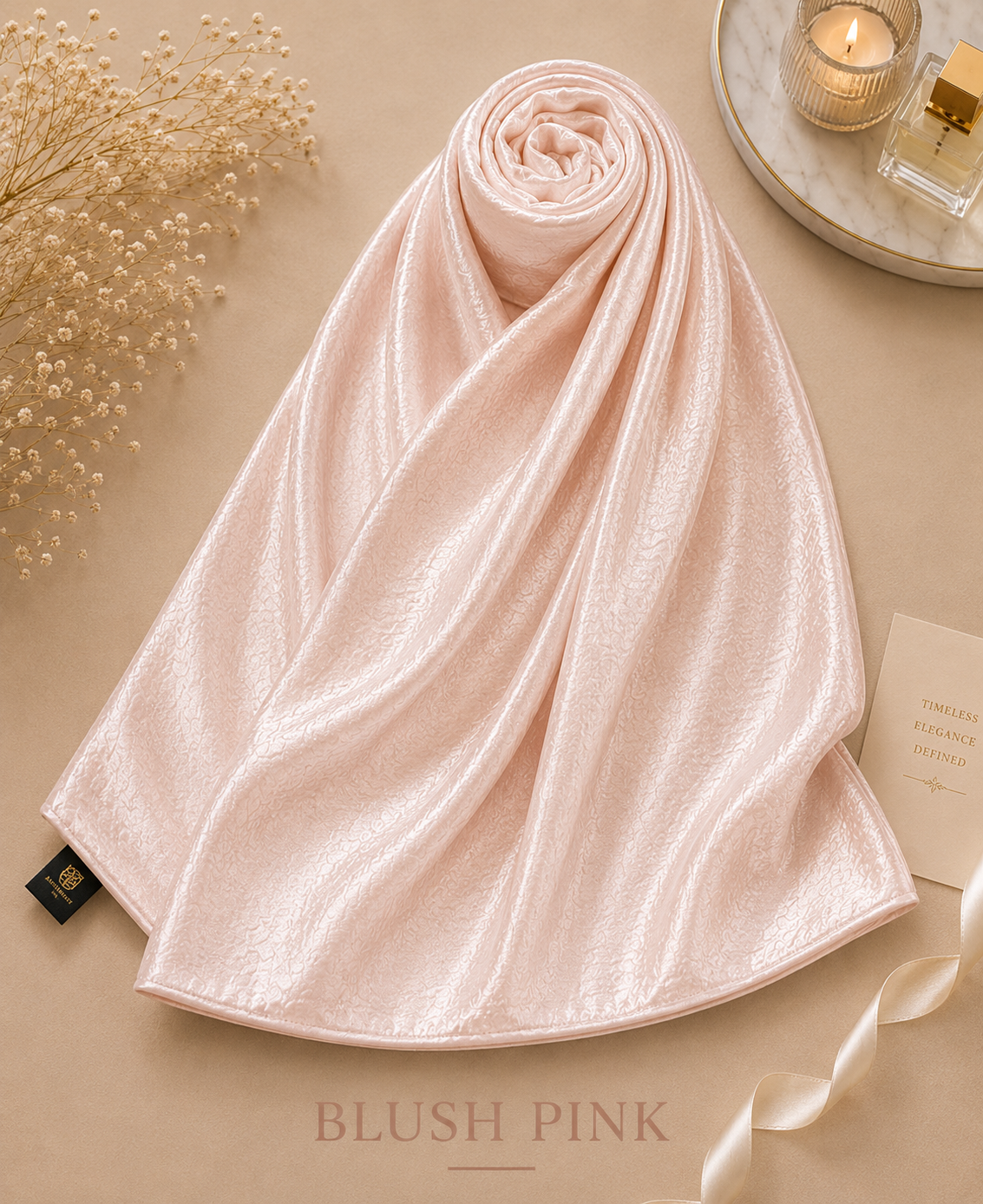 Blush pink Bubble Satin Islamic Hijab scarf on a beige surface with candles and flowers