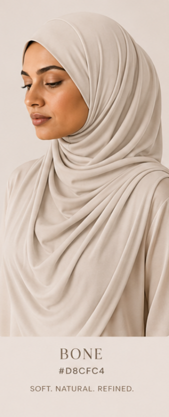 Woman wearing a beige luxe jersey hijab with color swatch and code 'Bone' displayed.
