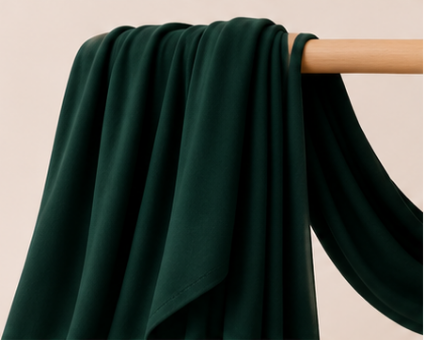 Bottle green bamboo jersey hijab on a beige background with text highlighting features.