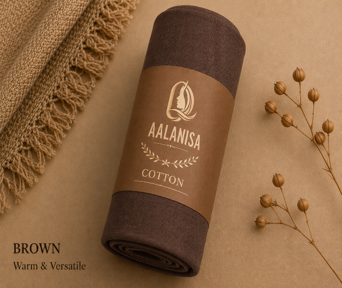 Brown rolled-up Premium Modal Cotton Hijab with Aalanisa branding on a beige background