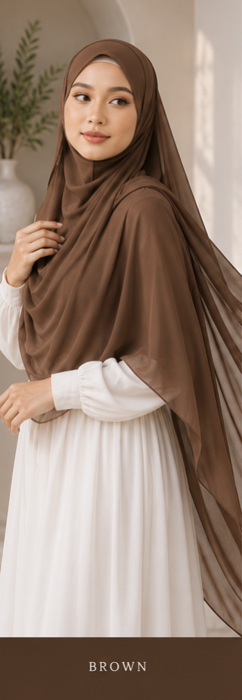Woman wearing a brown premium Malaysian Georgette hijab and white dress against a neutral background