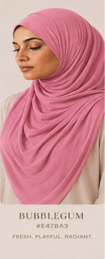Woman wearing a pink bubblegum luxe jersey hijab with color swatch and description text on a beige background