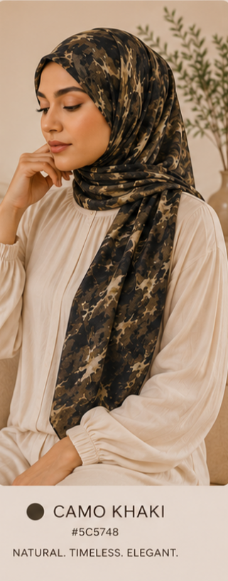 Woman wearing a camo khaki digital printed hijab with text overlay on a neutral background