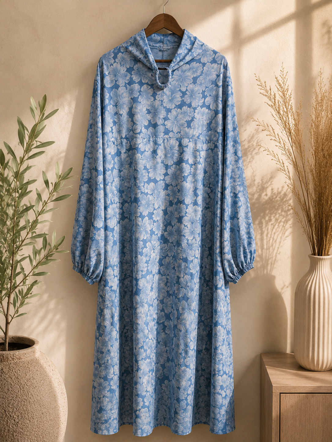 Premium Blue floral Islamic Prayer and Namaz dress on a hanger against a neutral wall with decorative 