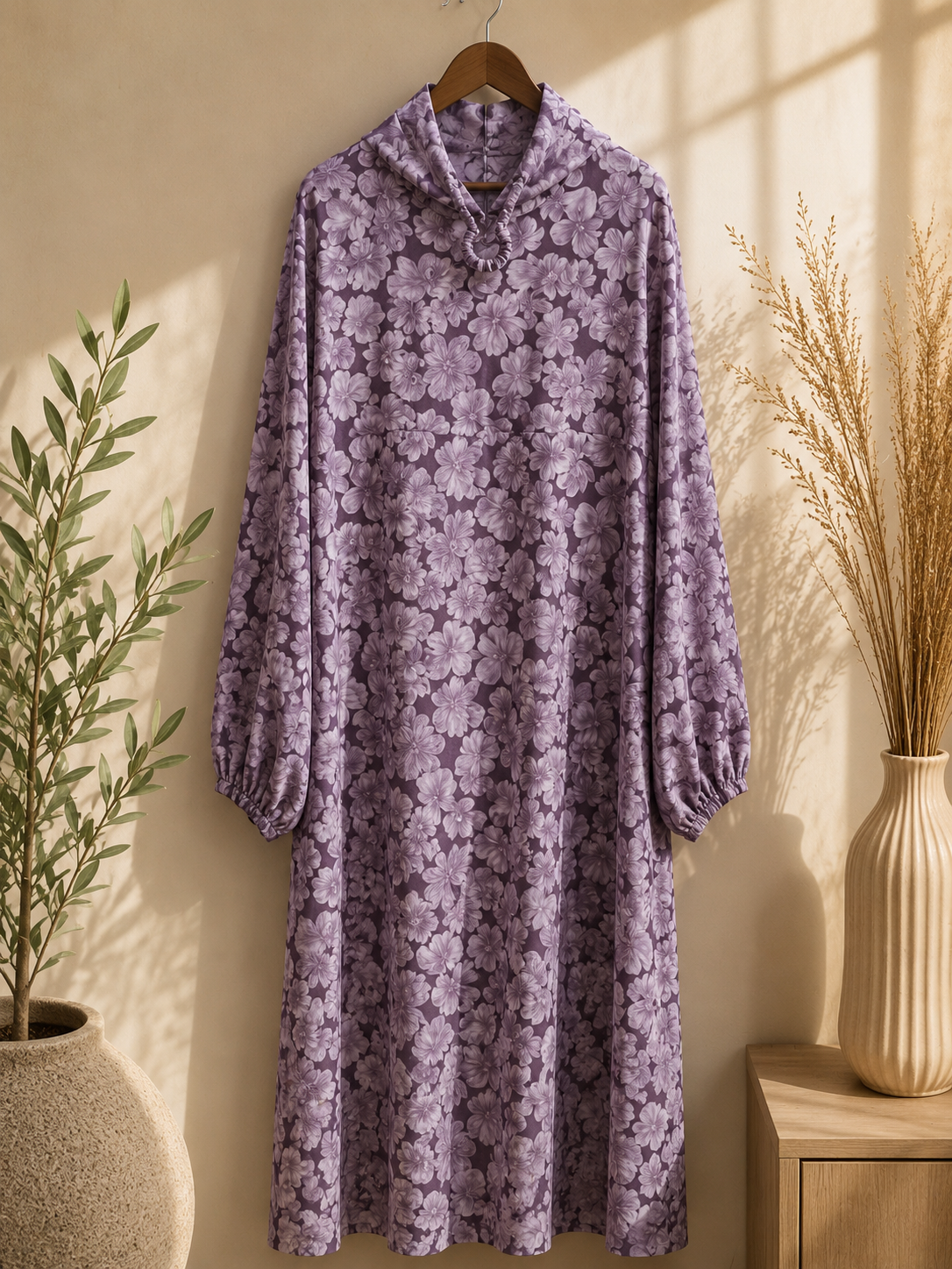 Premium Purple Floral Islamic Prayer and Namaz patterned dress hanging on a hanger against a neutral wall with decorative elements.