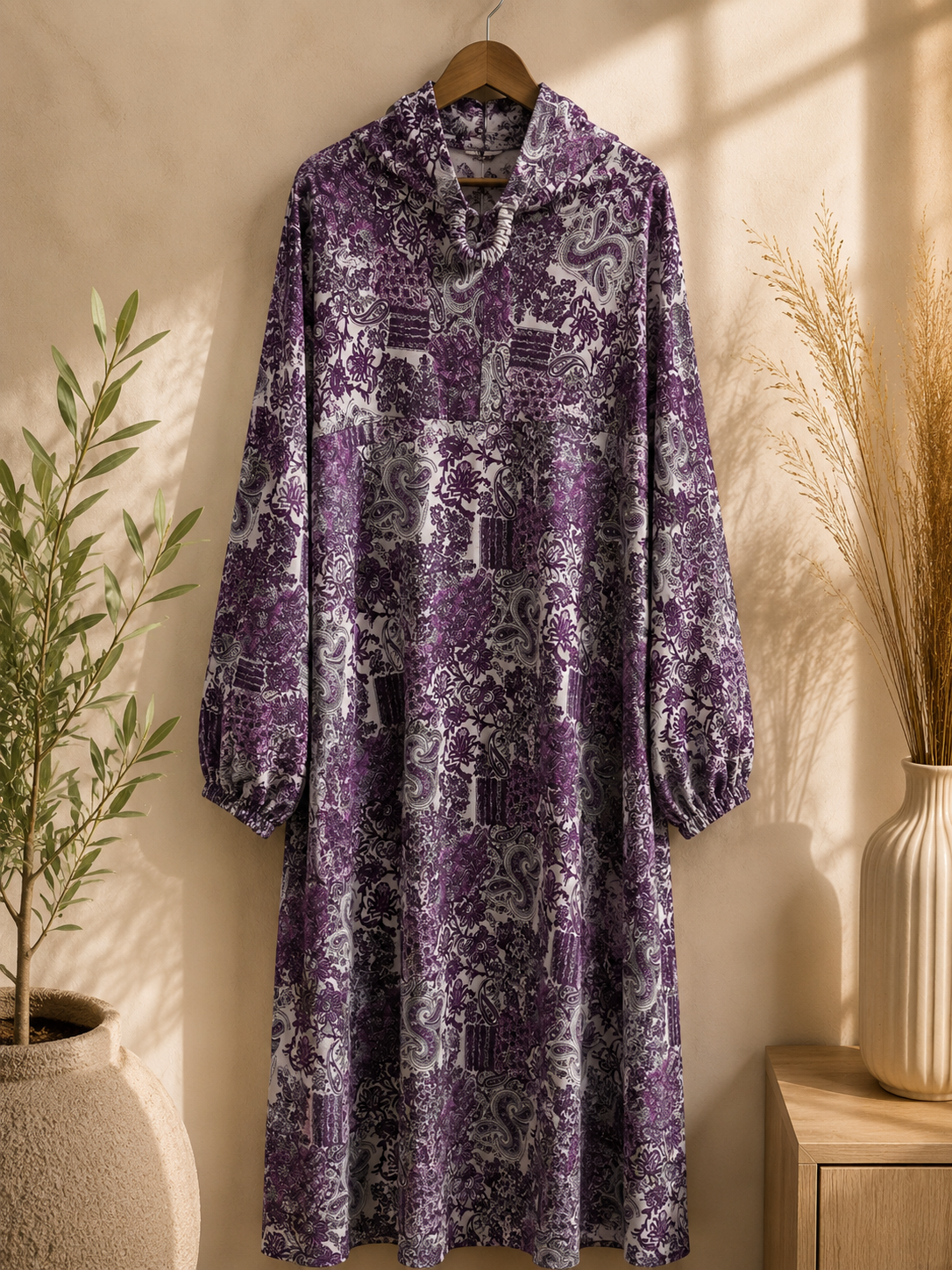 Purple patterned islamic prayer namaz dress hanging on a wooden hanger against a neutral wall with decorative elements.