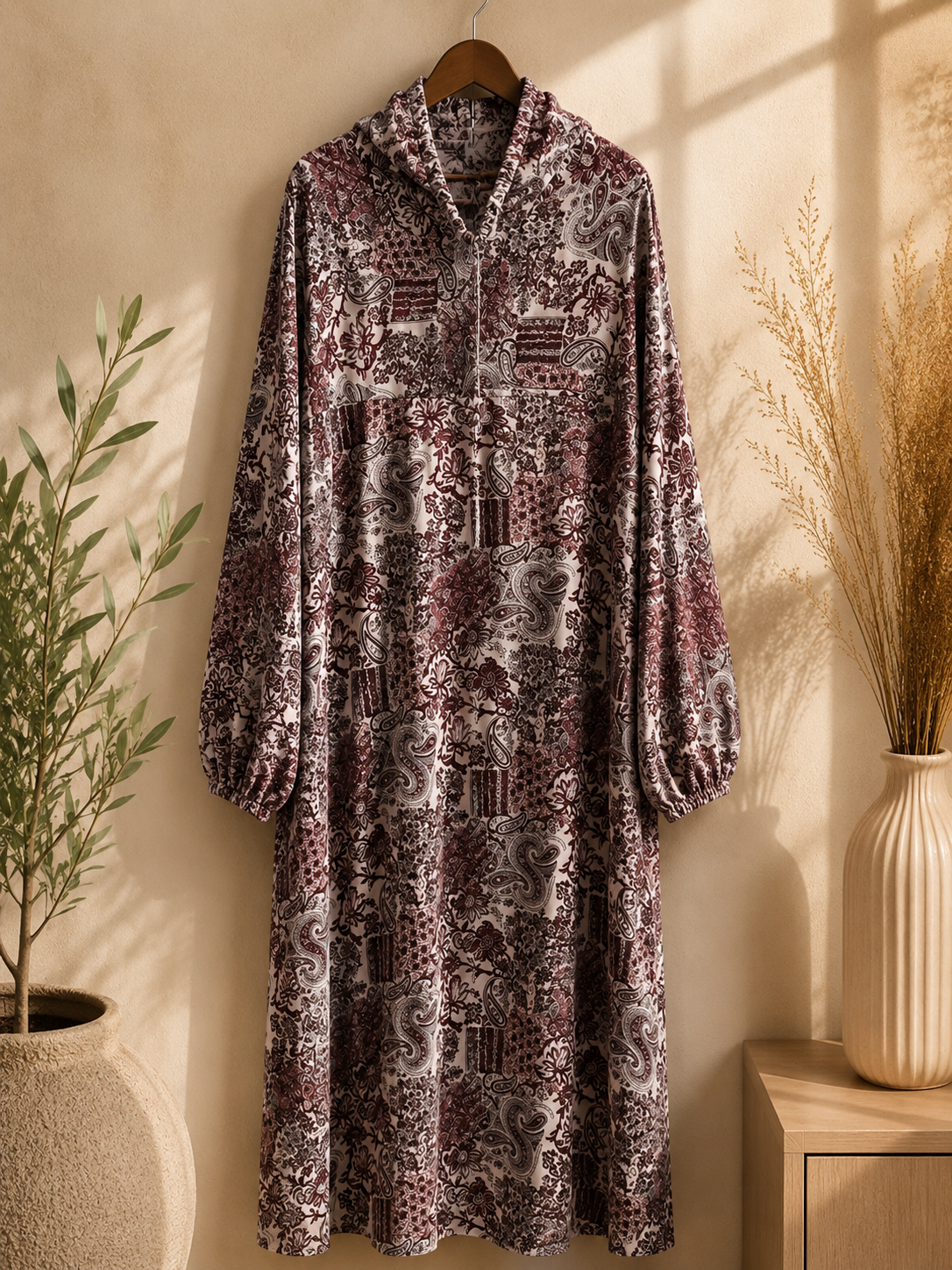 Long mocha floral Islamic Prayer Namaz Dress for women on a hanger against a neutral wall with decorative elements.