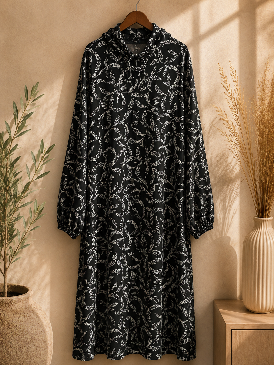 Premium Black and white patterned Islamic prayer and namaz dress on a hanger against a neutral wall with a plant and vase in the background.