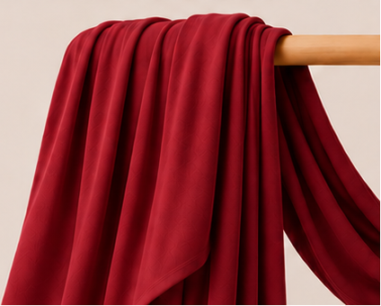Cherry Red bamboo jersey hijab on a wooden stick with product features listed.