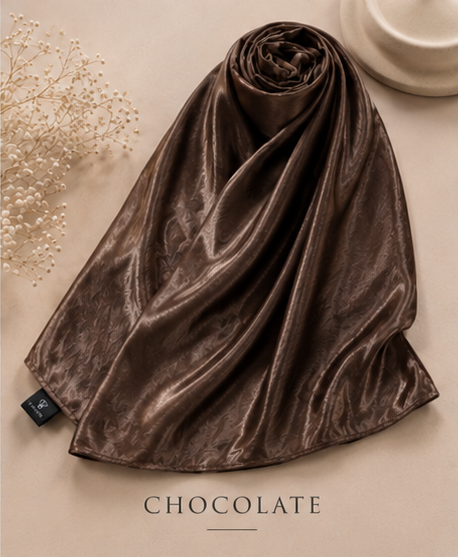 Brown Bubble Satin Islamic Hijab Scarf fabric with a tag labeled 'Chocolate' on a beige background.
