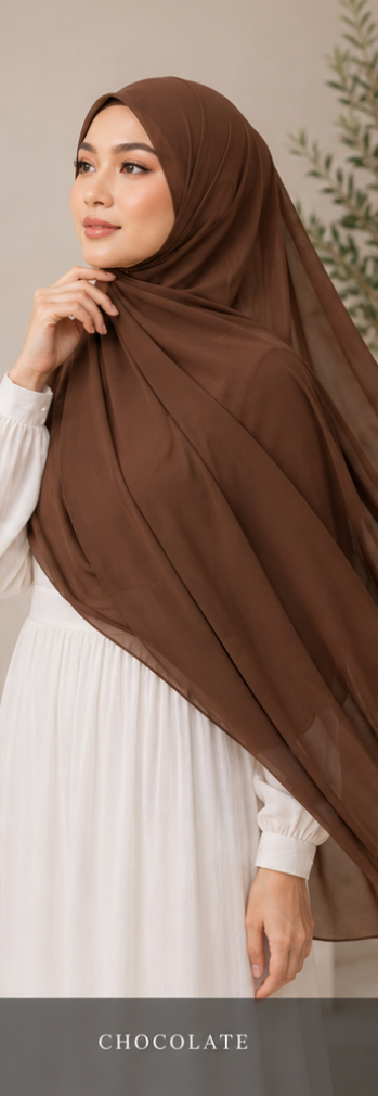 Woman wearing a Chocolate brown Premium Malaysian Georgette hijab with a neutral background