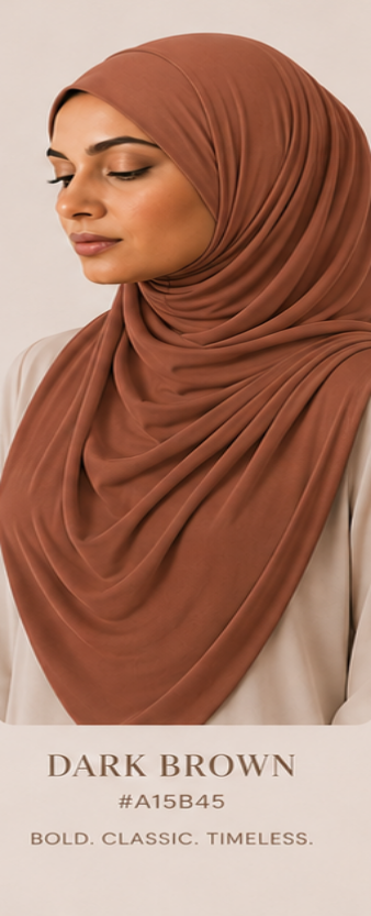 Woman wearing a dark brown luxe jersey hijab with color code A15B45 on a beige background