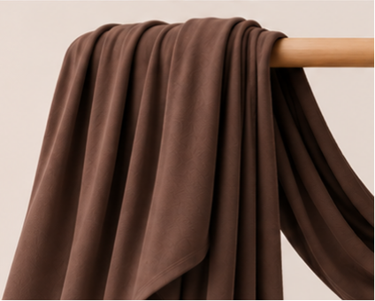 Dark Coffee bamboo jersey hijab on a wooden rod with product features listed.