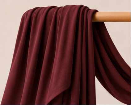 Dark maroon bamboo jersey hijab on a wooden stick with product details on a beige background.