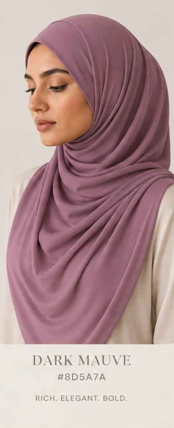 Woman wearing a dark mauve luxe jersey hijab with color code #8D5A7A on a light background
