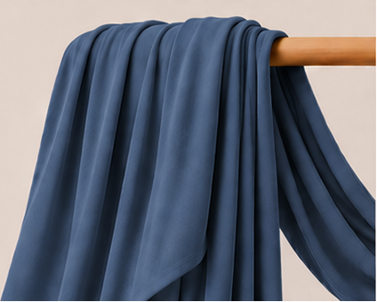Denim Bamboo Jersey Islamic Hijab And Scarf fabric draped over a wooden rod against a beige background